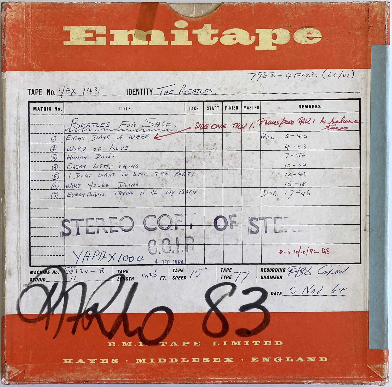 Lot 322 - BEATLES FOR SALE MASTER TAPE.