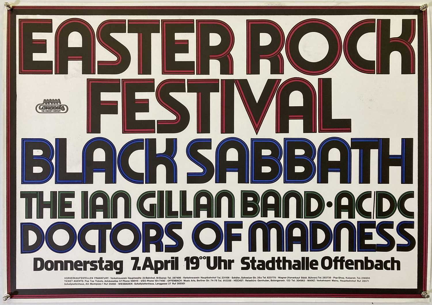 Lot 177 - 1977 EASTER ROCK FESTIVAL GERMAN POSTER - BLACK SABBATH /  AC/DC / IAN GILLAN BAND.