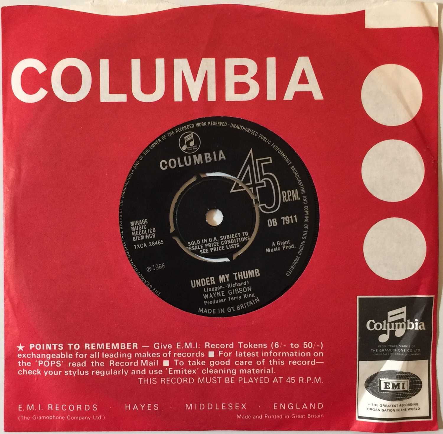 Lot 95 - WAYNE GIBSON - UNDER MY THUMB/ IT ALWAYS HAPPENS 7" (UK COLUMBIA - DB 7911)