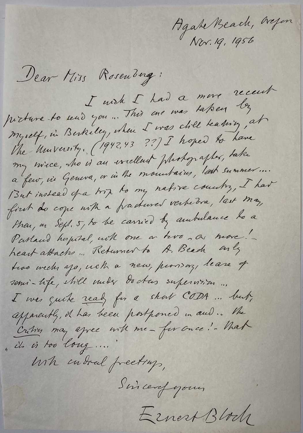 Lot 336 - ERNEST BLOCH - A HANDWRITTEN LETTER WITH SIGNATURE