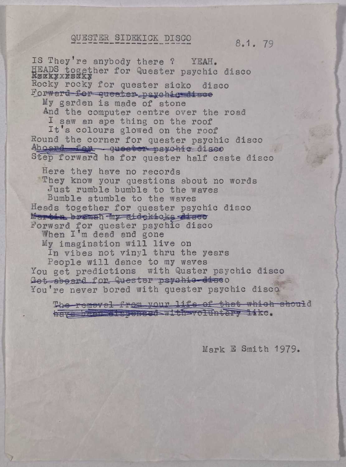 Lot 447 - MARK E. SMITH / THE FALL - EARLY DRAFT OF 'PSYKICK DANCEHALL' LYRICS BY MARK E. SMITH.