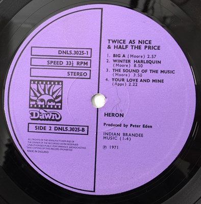 Lot 36 - HERON - TWICE AS NICE & HALF THE PRICE LP (W/ RARE POSTCARD - DAWN - DNLS 3025)