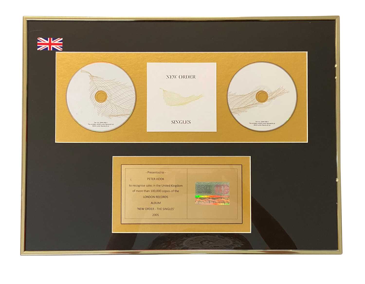 Lot 405 - NEW ORDER THE SINGLES BRIT CERTIFIED BPI GOLD DISC AWARD