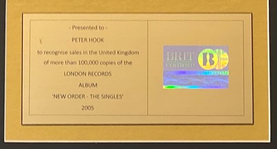 Lot 405 - NEW ORDER THE SINGLES BRIT CERTIFIED BPI GOLD DISC AWARD