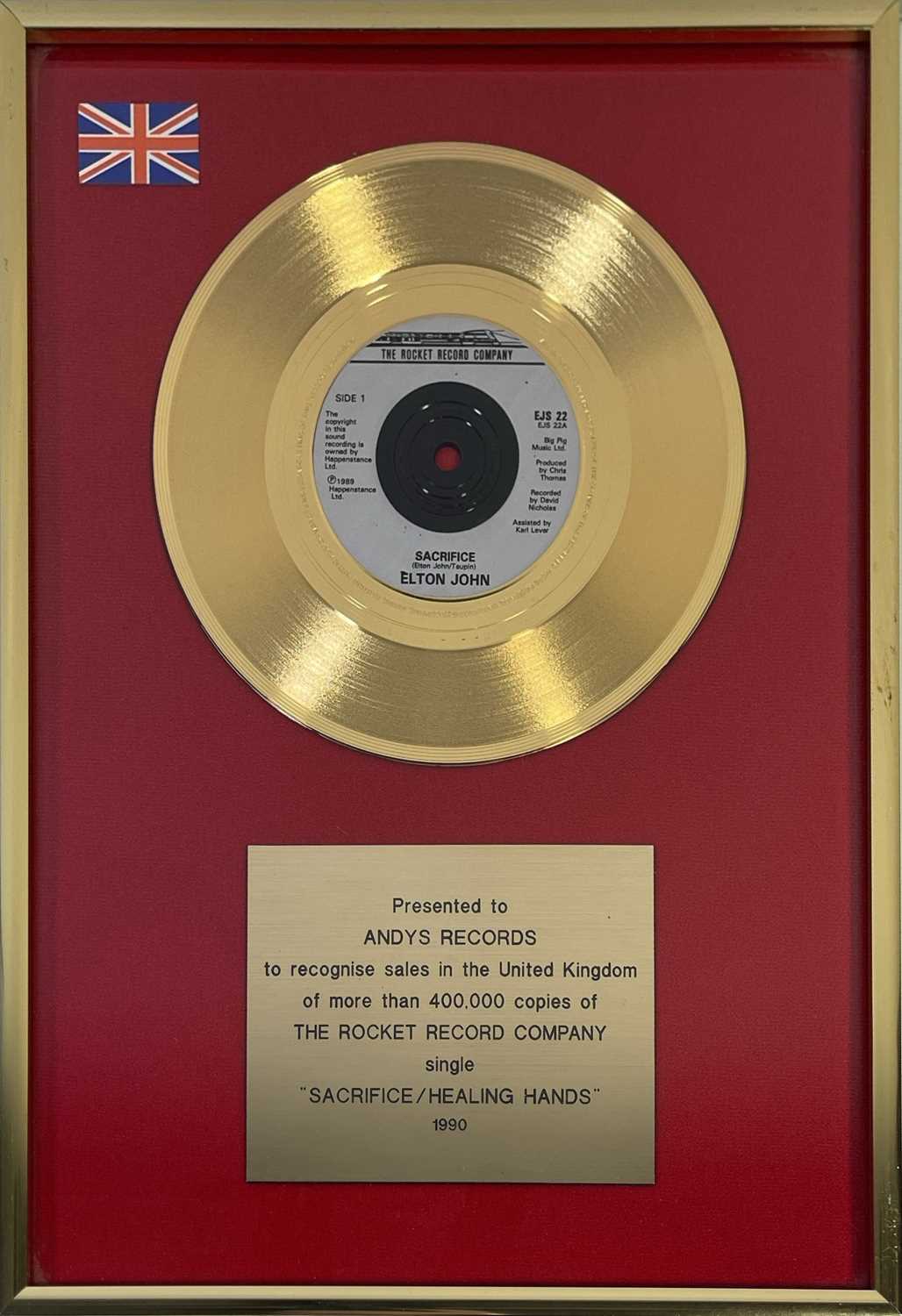 Lot 317 - ELTON JOHN - BPI SINGLES AWARD FOR 'SACRIFICE'.