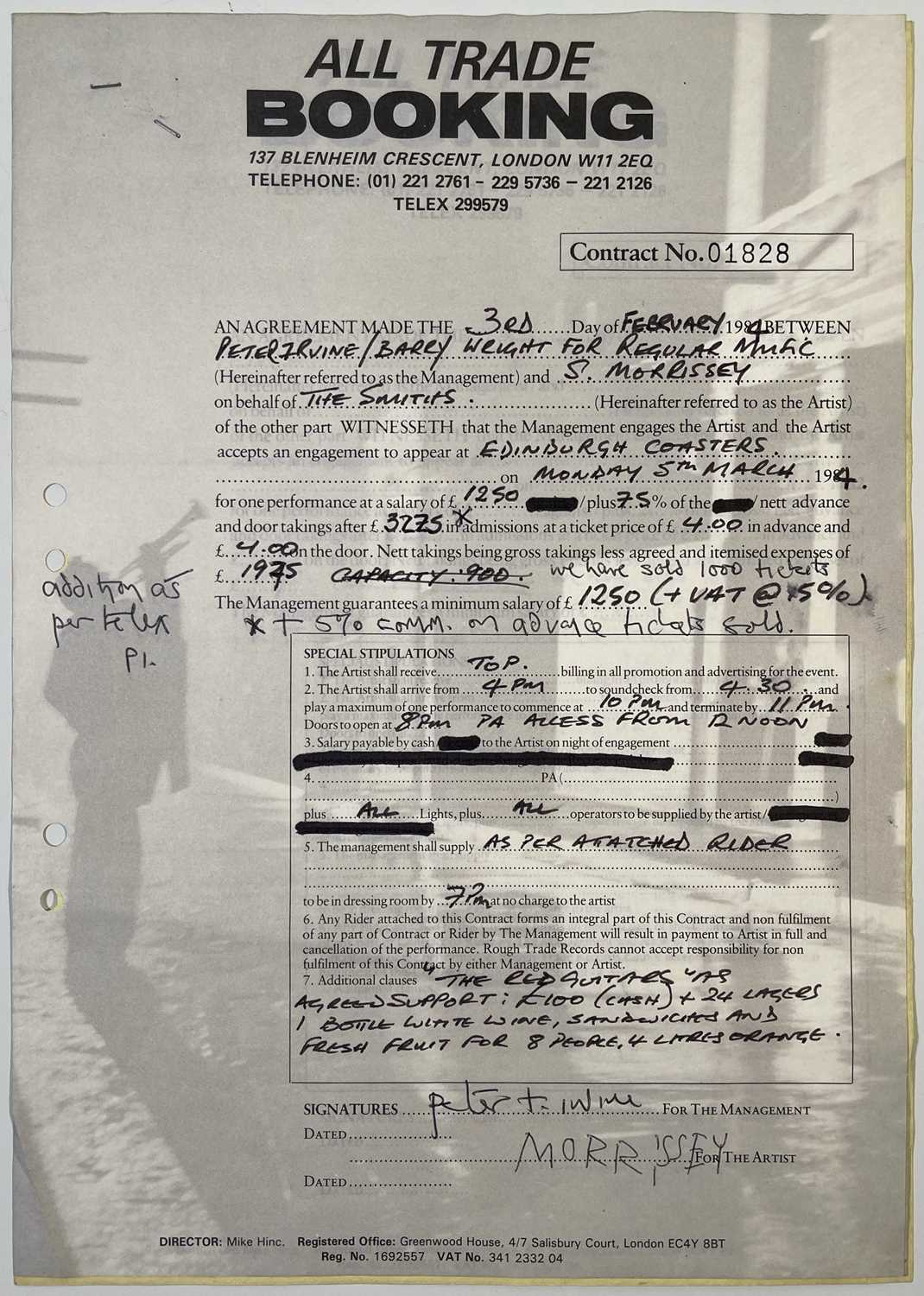 Lot 149 - THE SMITHS - MORRISSEY - A SIGNED 1984 BOOKING CONTRACT.
