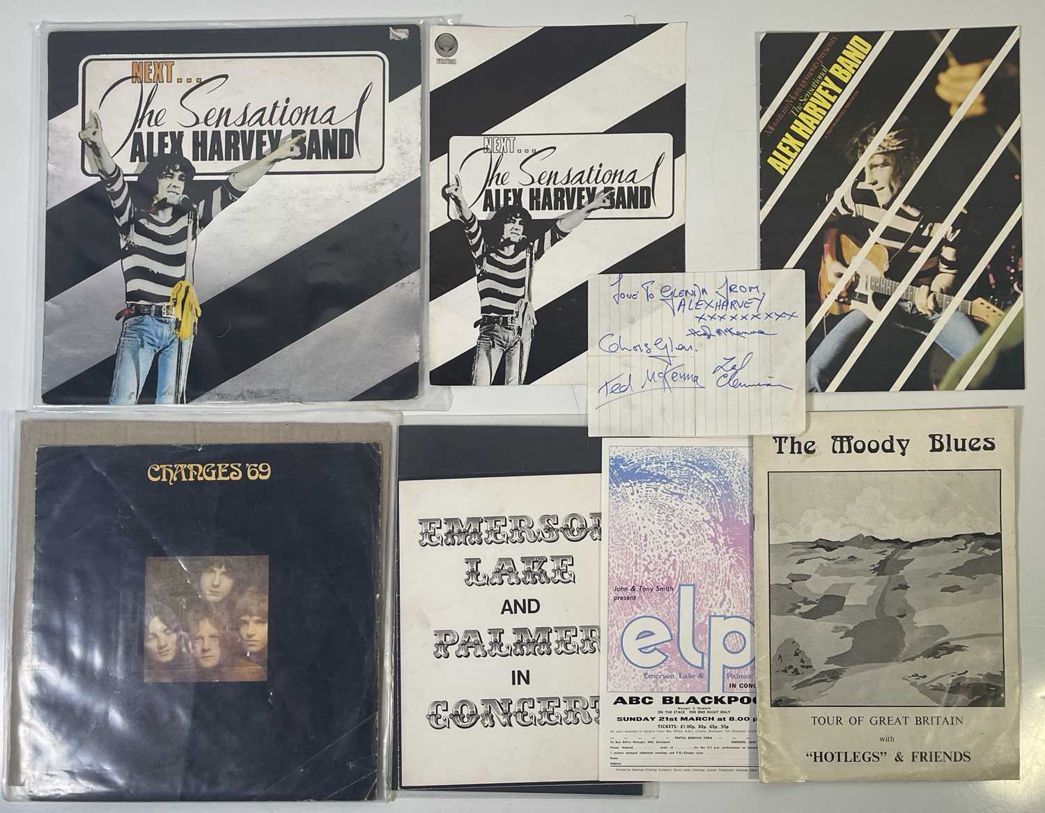 Lot 108 - COLLECTABLE 1970S PROGRAMMES AND HANDBILLS INC DAVID BOWIE/ELP - ALEX HARVEY SIGNED PAGE.
