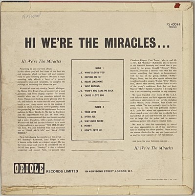 Lot 258 - THE MIRACLES - HI WE'RE THE MIRACLES LP (UK ORIGINAL - ORIOLE - PS40044)