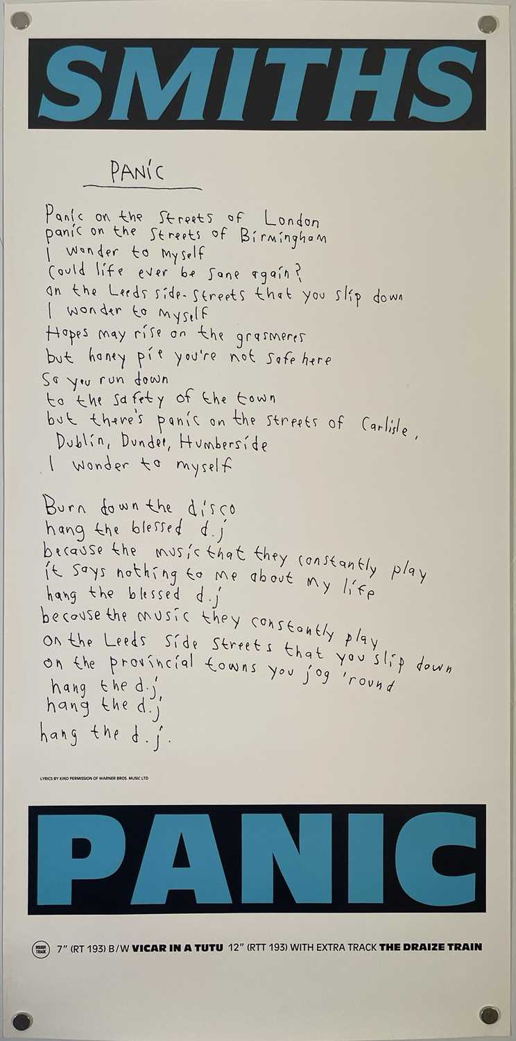 Lot 124 - THE SMITHS - ORIGINAL ROUGH TRADE PROMOTIONAL 'LYRICS' POSTER FOR 'PANIC'.