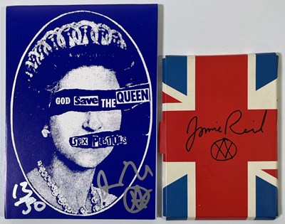 Lot 438 - JAMIE REID - SIGNED POSTCARD PACK AND SEX PISTOLS NOTEPAD.