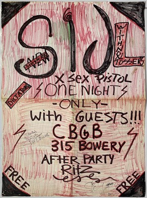 Lot 450 - SEX PISTOLS - SID VICIOUS HAND PAINTED AND SIGNED POSTER FOR A PLANNED SOLO CONCERT AT CBGBS, 1978.