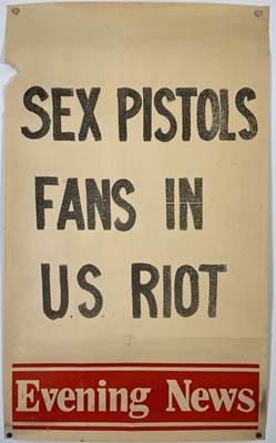 Lot 444 - SEX PISTOLS - ORIGINAL JAN 1978 'US FANS RIOT' NEWSPAPER BILLBOARD POSTER.