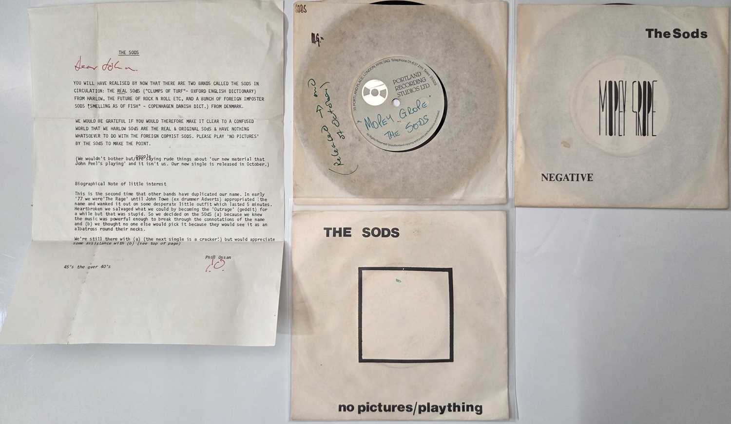 Lot 6 - THE SODS 7" SINGLES + ACETATE PACK WITH LETTER - RARE 70'S PUNK ROCK