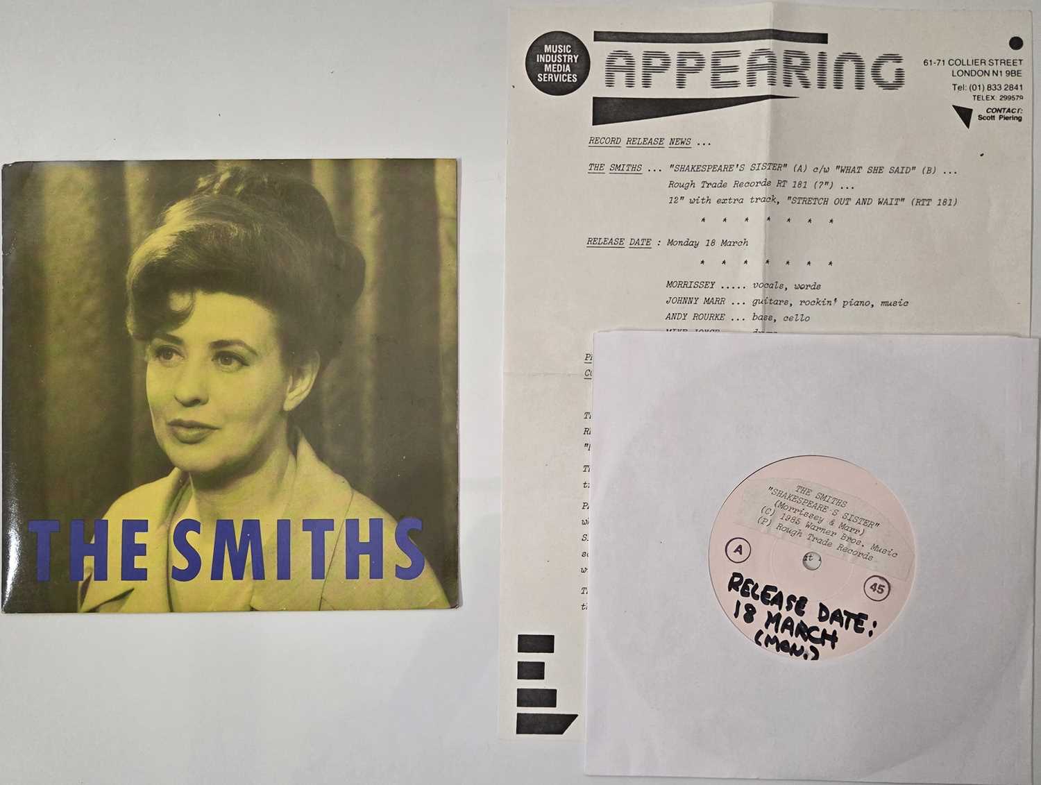 Lot 21 - THE SMITHS - 'SHAKESPEARE'S SISTER' 7" - UK 1985 TEST PRESS - W/ PRESS SHEET