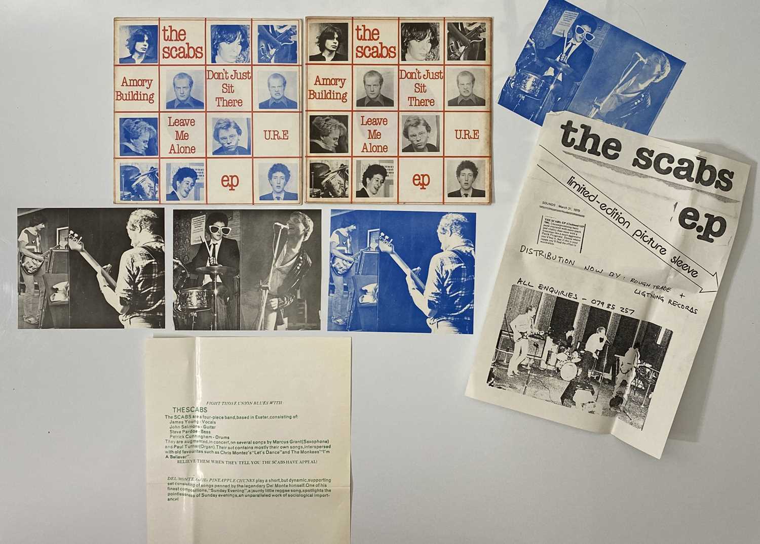 Lot 33 - THE SCABS - 7" RARITY PACK WITH PRESS MATERIAL AND DISTRO SHEET - LATE 70'S PUNK