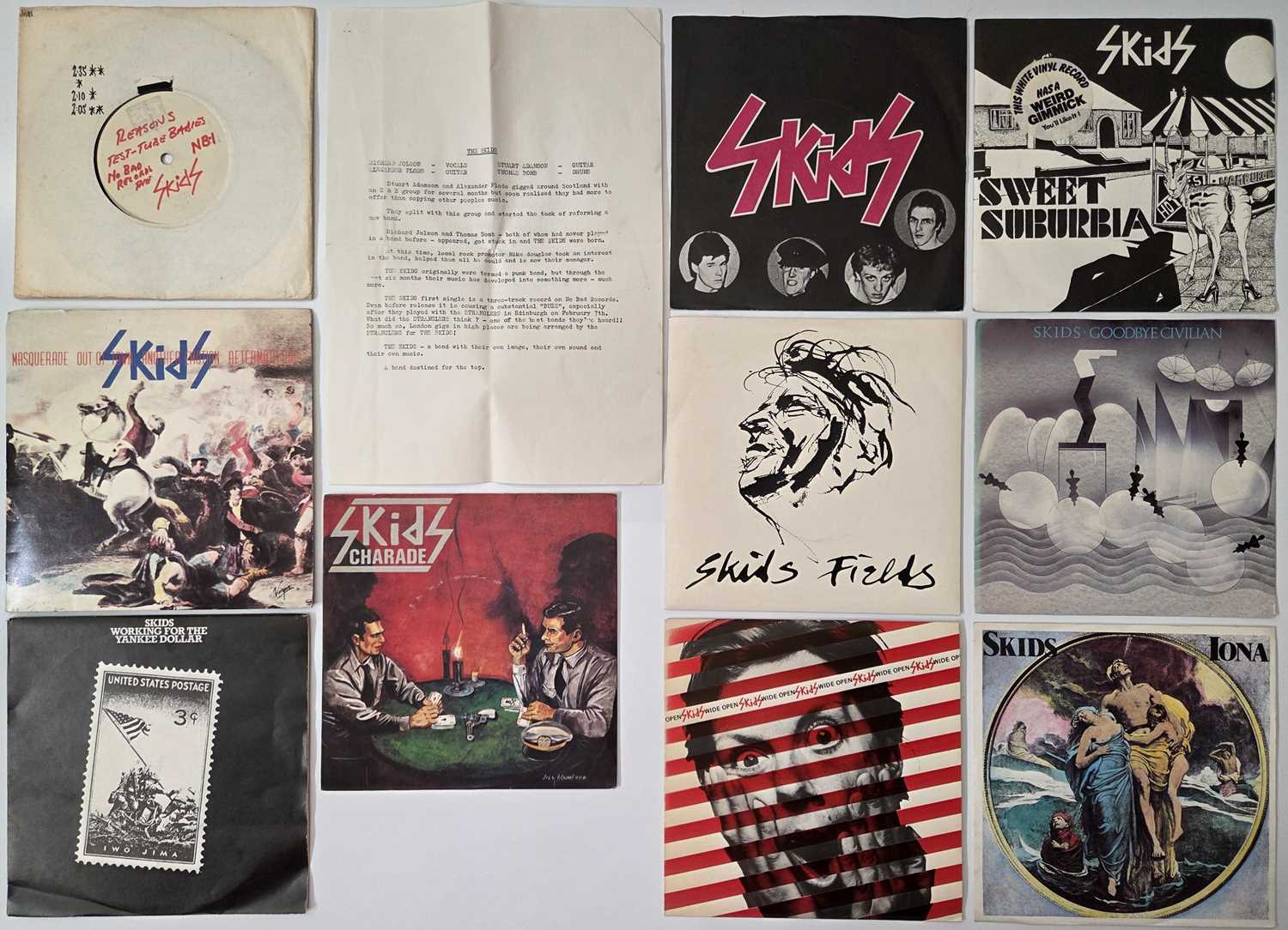 Lot 36 - SKIDS - 7" SINGLES PACK WITH WHITE LABEL RARITY, PRESS SHEETS, COLOURED VINYL + MORE