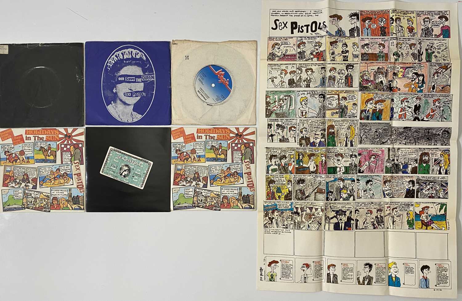 Lot 38 - SEX PISTOLS 7" SINGLES PACK - WITH STORY SO FAR MARK JAY POSTER, BLACK SLEEVE FOR ANARCHY