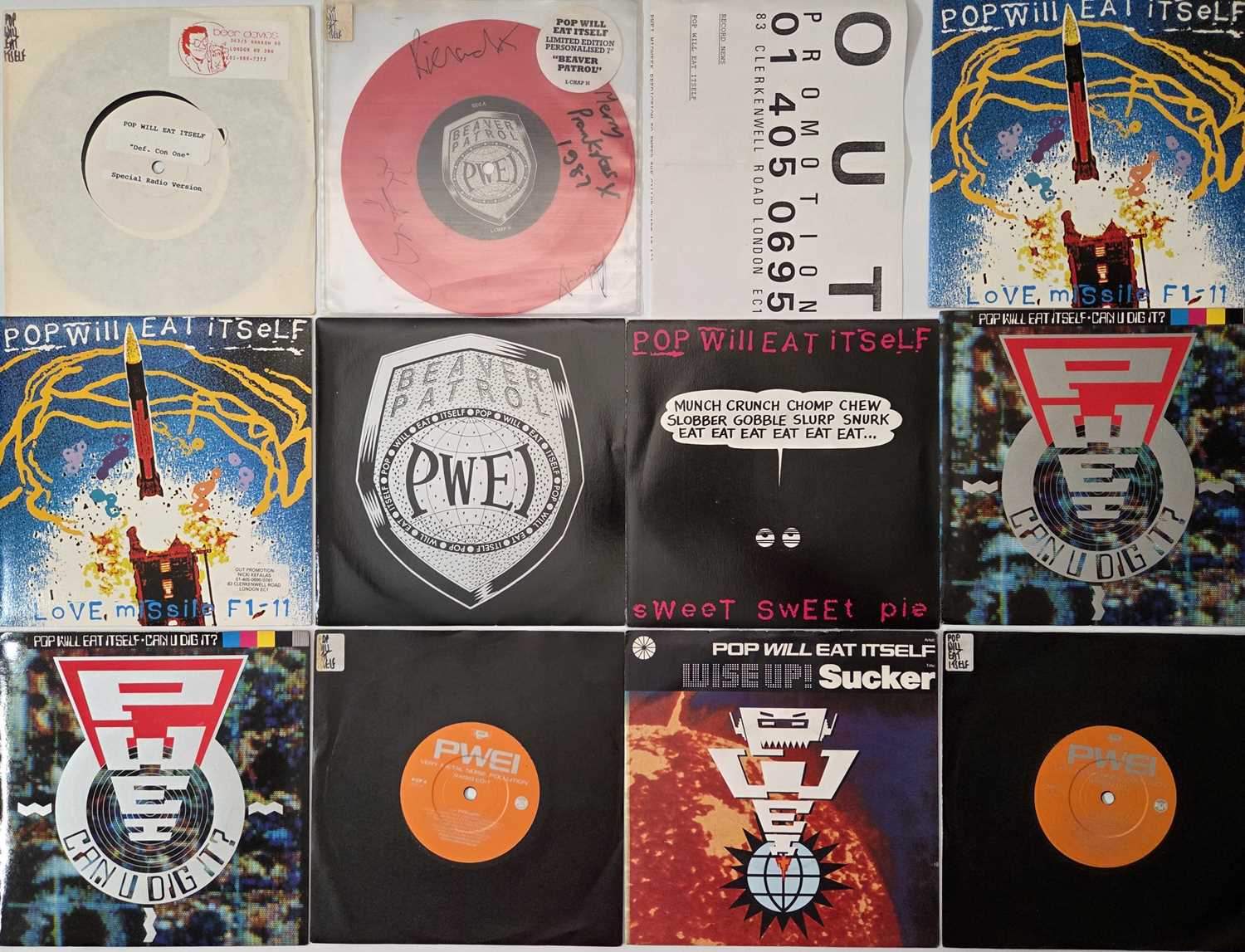 Lot 48 - POP WILL EAT ITSELF - 7" SINGLES PACK WITH WHITE LABEL AND SIGNED MATERIAL