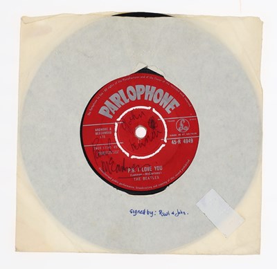 Lot 285 - THE BEATLES - LOVE ME DO SIGNED TO LABEL BY PAUL MCCARTNEY AND JOHN LENNON.