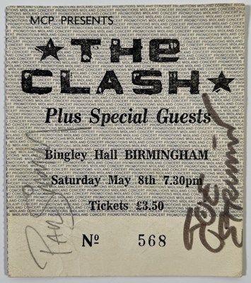 Lot 407 - THE CLASH - TICKET SIGNED BY JOE STRUMMER, PAUL SIMONON AND MICK JONES.