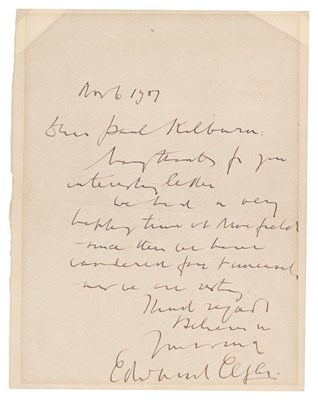 Lot 233 - EDWARD ELGAR - A HANDWRITTEN LETTER DATED NOVEMBER 1907.