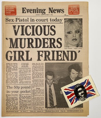 Lot 466 - THE SEX PISTOLS - ORIGINAL AND UNUSED GSTQ STICKER / SID VICIOUS NEWSPAPER.