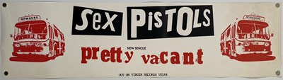 Lot 469 - SEX PISTOLS - PRETTY VACANT 'TWO BUSES' BANNER POSTER.