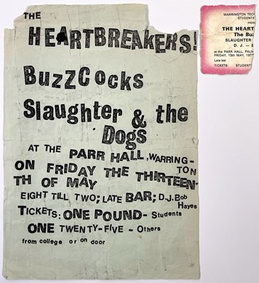 Lot 377 - HEARTBREAKERS / BUZZCOCKS / SLAUGHTER AND THE DOGS - WARRINGTON PARR HALL HANDBILL AND TICKET STUB.