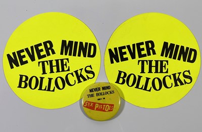 Lot 480 - SEX PISTOLS - ORIGINAL PROMOTIONAL STICKERS AND BADGE.