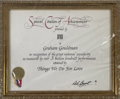 Lot 317 - 10CC - GRAHAM GOULDMAN - 'THE THINGS WE DO FOR LOVE' BMI CITATION AWARD