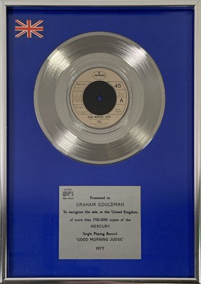 Lot 328 - 10CC - GRAHAM GOULDMAN - 'GOOD MORNING JUDGE' BPI SILVER SINGLE AWARD
