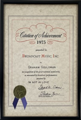 Lot 330 - 10CC - GRAHAM GOULDMAN - 'I'M NOT IN LOVE' BMI CITATION AWARD