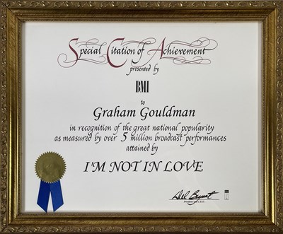 Lot 332 - 10CC - GRAHAM GOULDMAN - 'I'M NOT IN LOVE' BMI SPECIAL CITATION AWARD