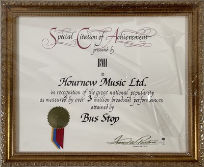 Lot 333 - 10CC - GRAHAM GOULDMAN - 'BUS STOP' BMI SPECIAL CITATION AWARD