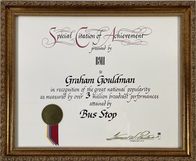 Lot 336 - 10CC - GRAHAM GOULDMAN - 'BUS STOP' BMI SPECIAL CITATION AWARD