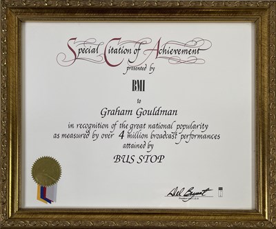Lot 337 - 10CC - GRAHAM GOULDMAN - 'BUS STOP' BMI SPECIAL CITATION AWARD