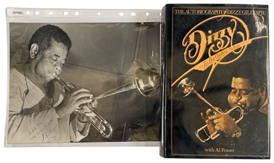 Lot 190 - JAZZ - DIZZY GILLESPIE SIGNED PHOTO AND AUTOBIOGRAPHY.