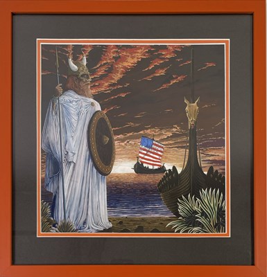 Lot 468 - TONY HYDE - ORIGINAL UNUSED ARTWORK FOR ROBERT CALVERT'S 'LUCKY LIEF AND THE LONGSHIPS'.