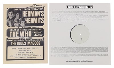 Lot 87 - THE WHO - MY GENERATION - WHITE LABEL TEST PRESSINGS + POSTER SIGNED BY PETE TOWNSEND